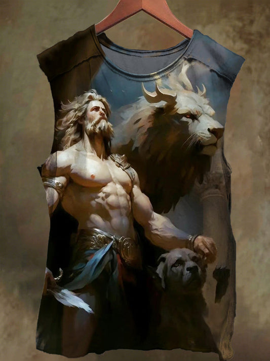 Unisex Warrior and Dragon Print Casual Cotton Tank Top