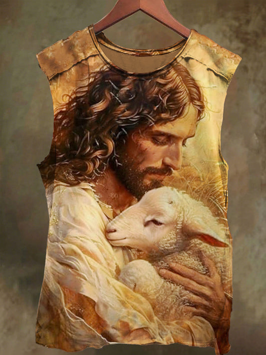 Unisex Jesus and Sheep Print Casual Cotton Tank Top