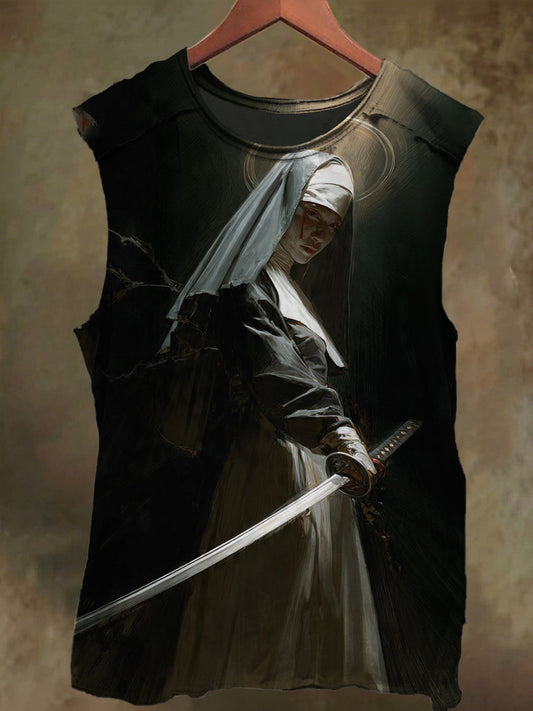 Unisex Nun's Sword Print Casual Cotton Tank Top