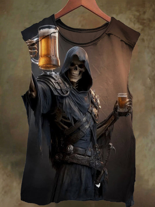 Unisex Drinking Skull Print Casual Cotton Tank Top