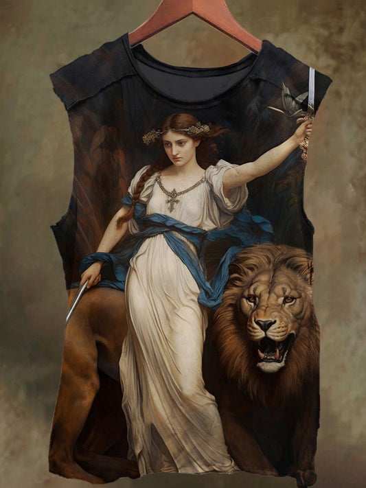 Unisex Goddess and Lion Print Casual Cotton Tank Top