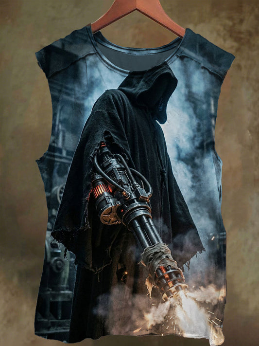 Unisex Mask Skull Machine Gun Print Casual Cotton Tank Top