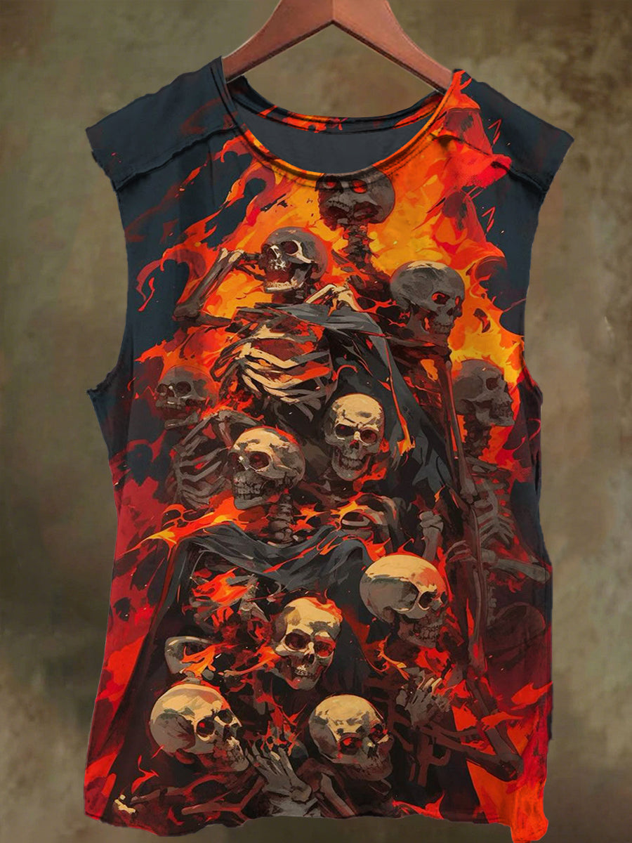 Unisex Skull Flame Print Casual Cotton Tank Top