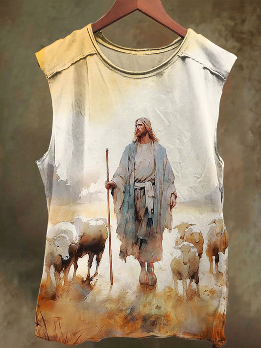 Unisex Shepherd's Jesus Print Casual Cotton Tank Top
