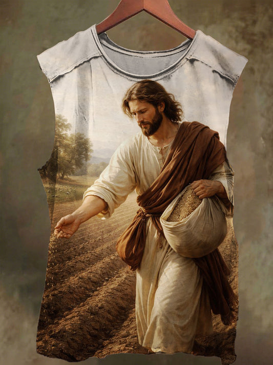 Unisex Jesus Sowing Print Casual Cotton Tank Top