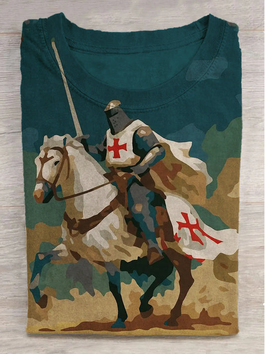 Crusaders on Horseback Print Round Neck Short Sleeve T-Shirt