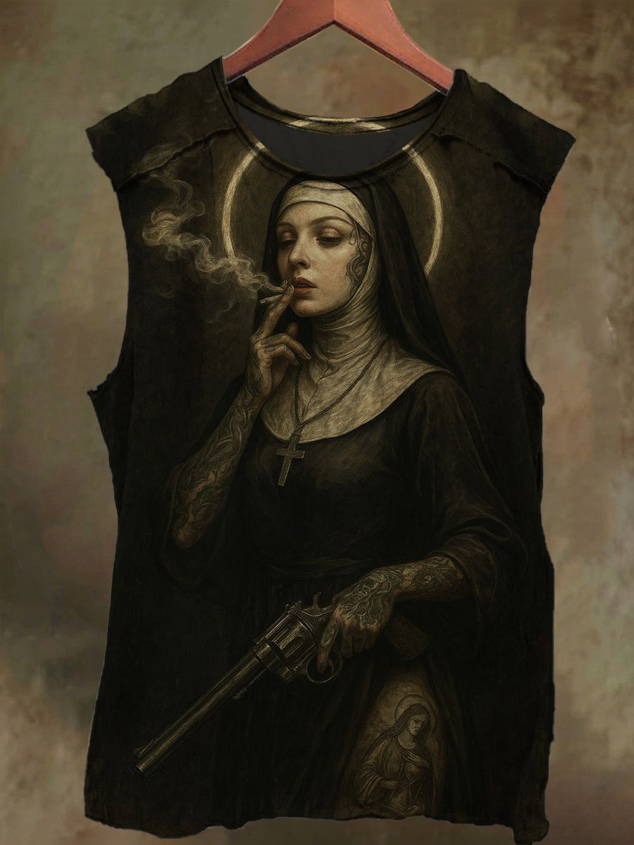 Unisex Smoking Nun Print Casual Cotton Tank Top