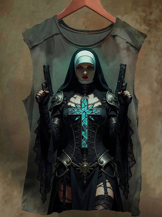 Unisex Twin Gun Nun Print Casual Cotton Tank Top