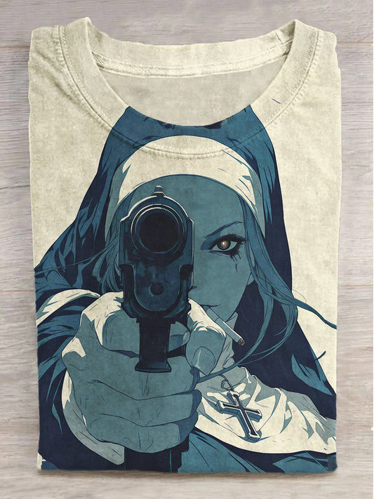 Guns and Nuns Printed Crew Neck Short Sleeve T-Shirt