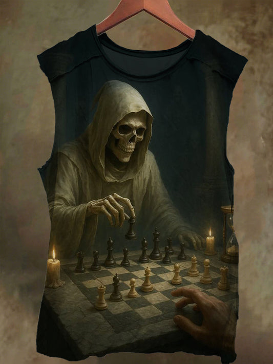 Unisex Skull Down Chess Print Casual Cotton Tank Top