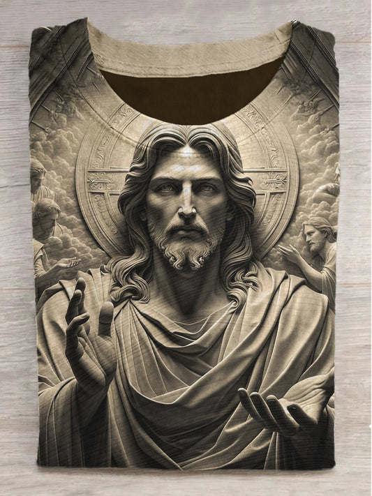 Embossed Jesus Print Round Neck Short Sleeve T-Shirt