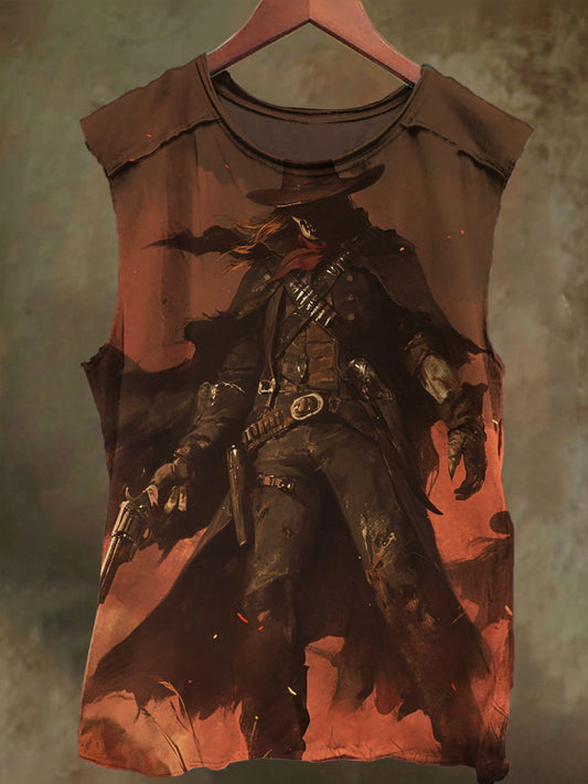 Unisex Skull Hat Cowboy Print Casual Cotton Tank Top