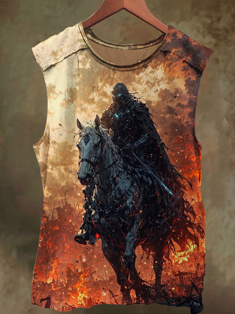 Unisex Rider on Horseback Print Casual Cotton Vest