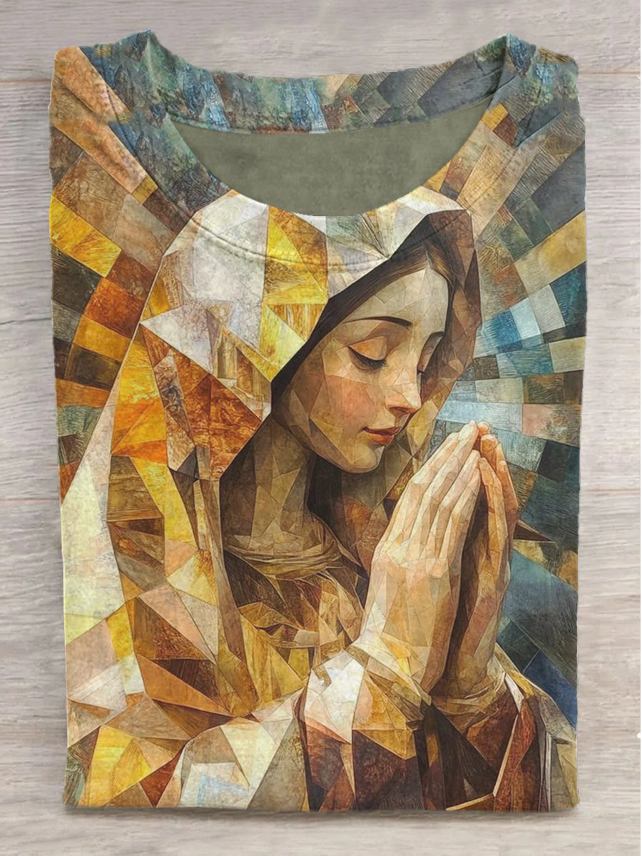 Virgin Mary Printed Round Neck Short Sleeve T-Shirt