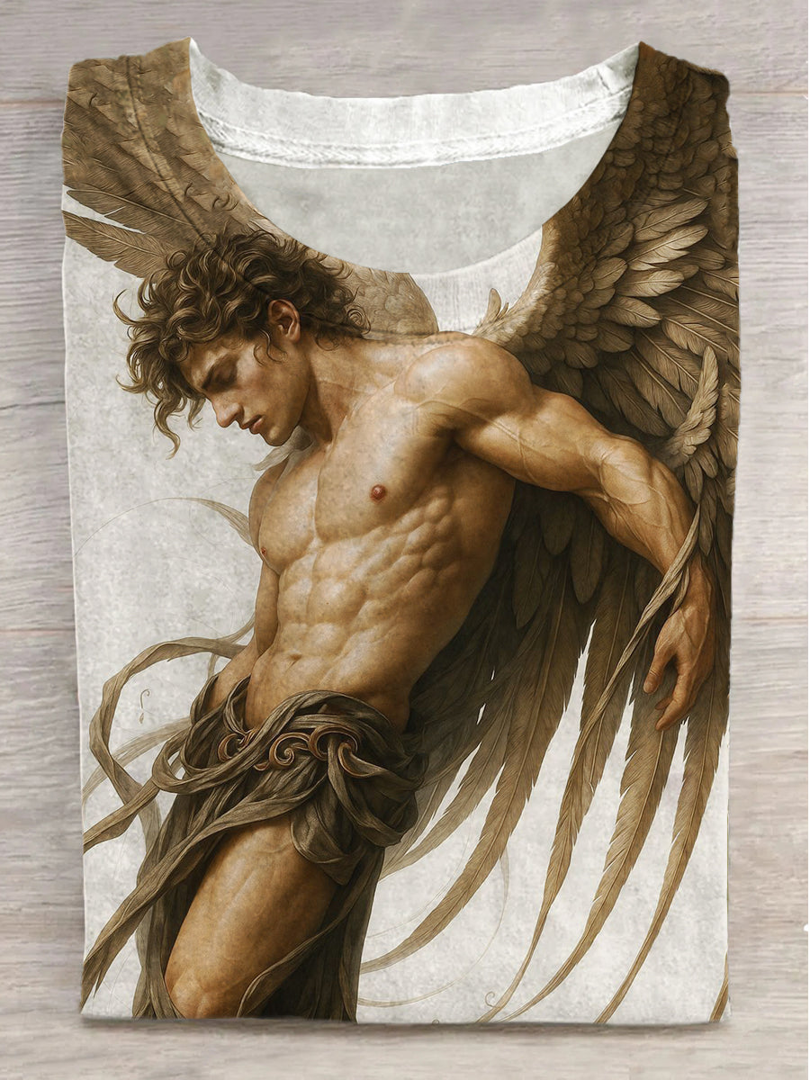 Winged Angel Printed Round Neck Short Sleeve T-Shirt