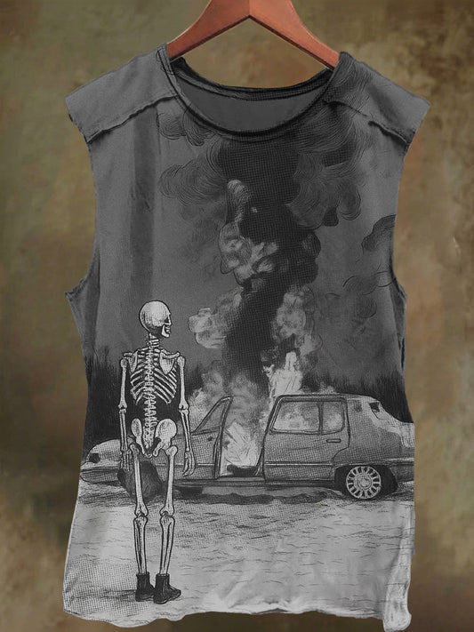 Unisex Skull and Car Print Casual Cotton Tank Top