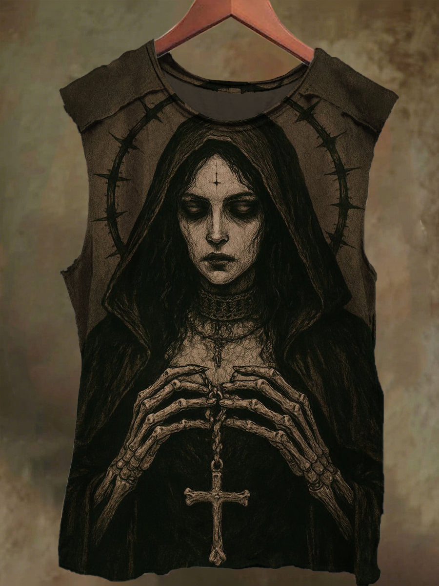 Unisex Gothic Crucifix Nun Print Casual Cotton Tank Top