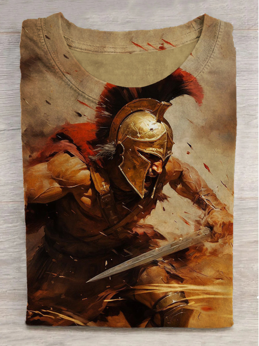 Warrior Print Round Neck Short Sleeve T-Shirt