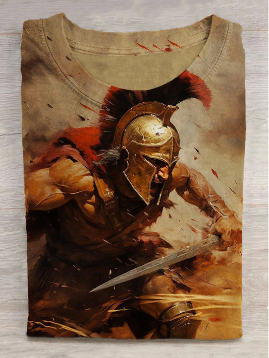 Warrior Print Round Neck Short Sleeve T-Shirt