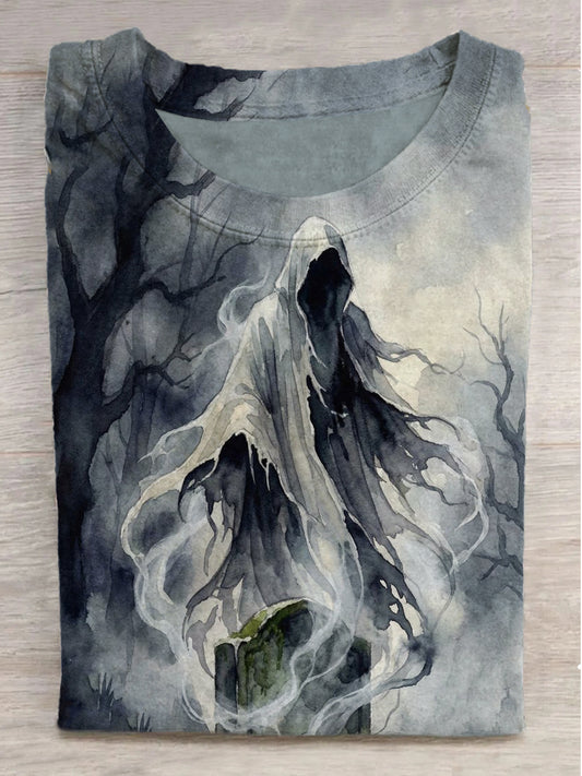 Ghost Tombstone Print Round Neck Short Sleeve T-Shirt