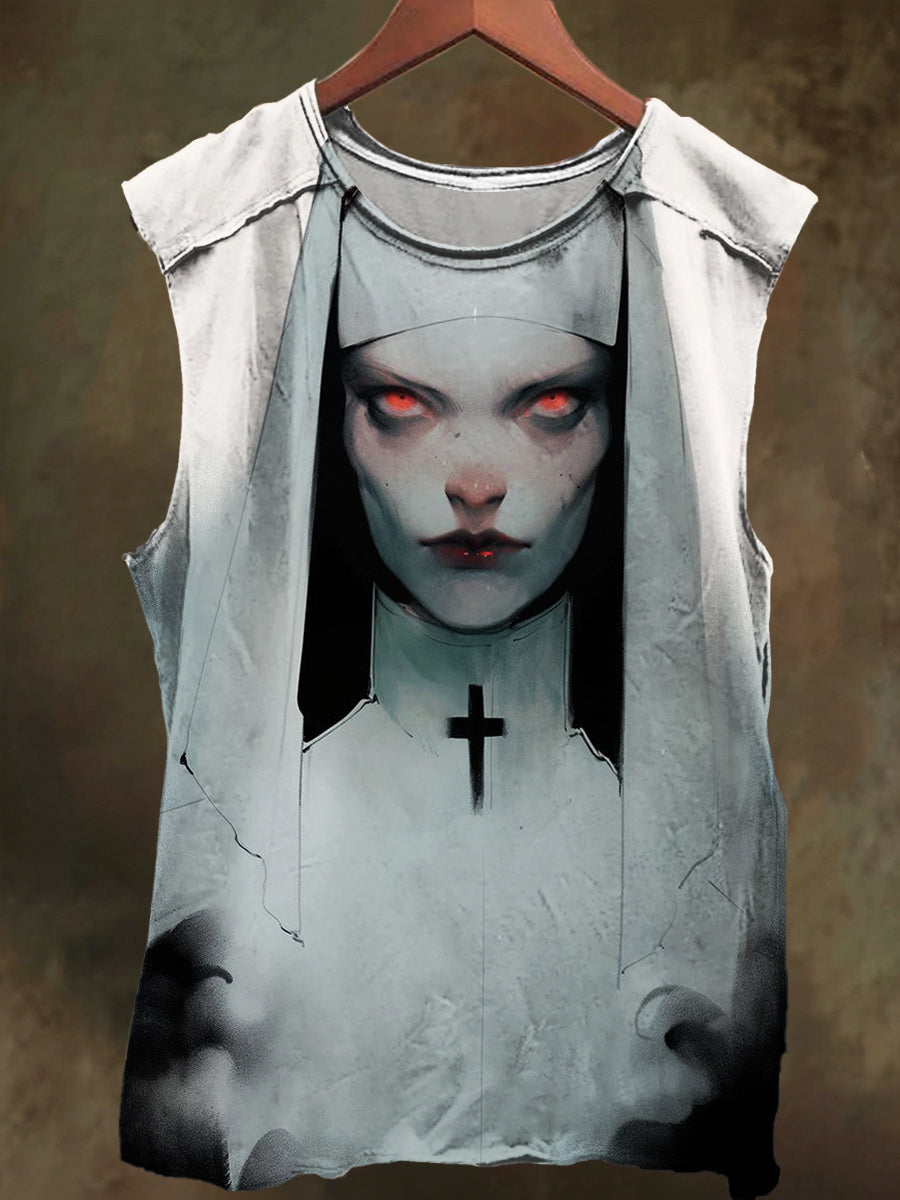 Unisex White Crucifix Nun Print Casual Cotton Tank Top