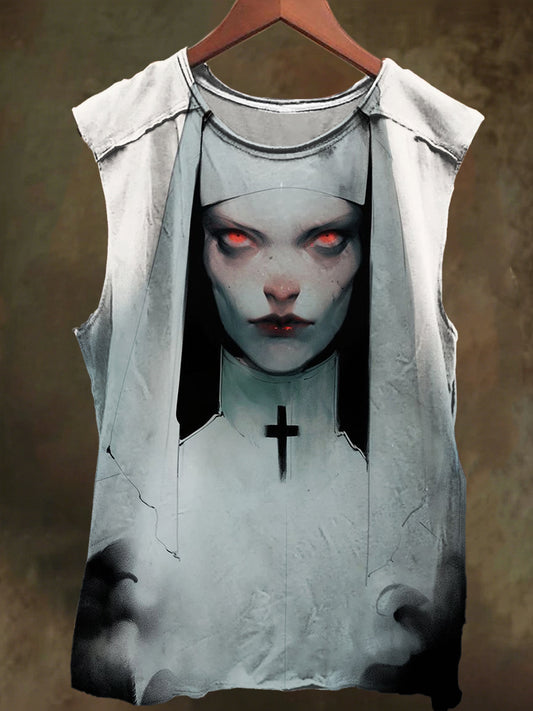 Unisex White Crucifix Nun Print Casual Cotton Tank Top