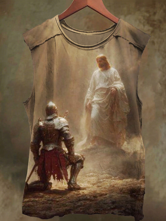 Unisex Jesus and Knight Print Casual Cotton Tank Top