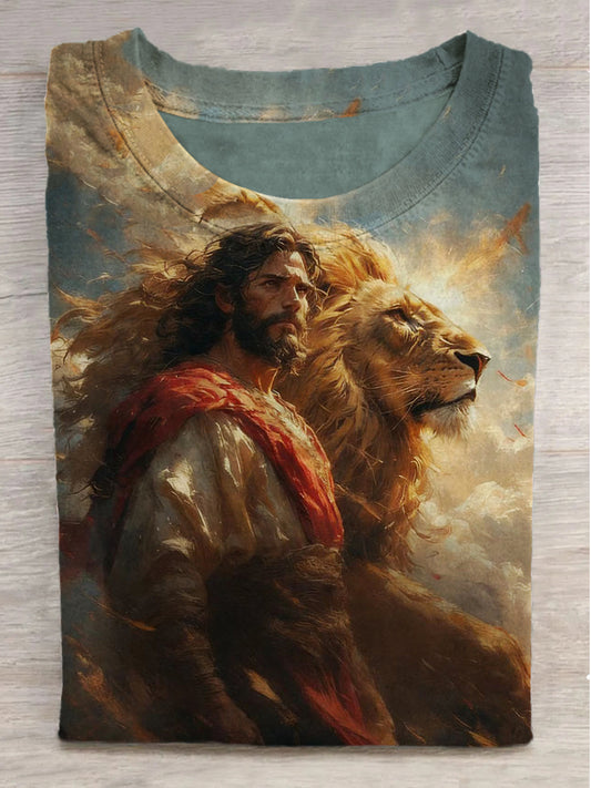 Jesus and the Lion Print Crew Neck Short Sleeve T-Shirt