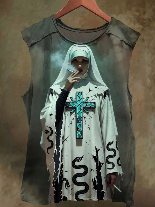 Unisex Nun Smoking Print Casual Cotton Tank Top