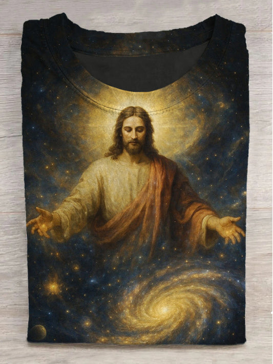 Cosmic Jesus Printed Round Neck Short Sleeve T-Shirt