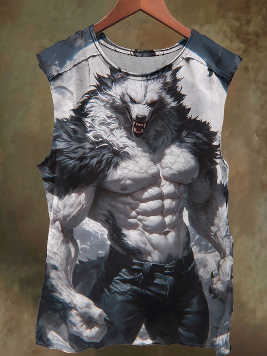 Unisex White Wolf Warrior Print Casual Cotton Tank Top