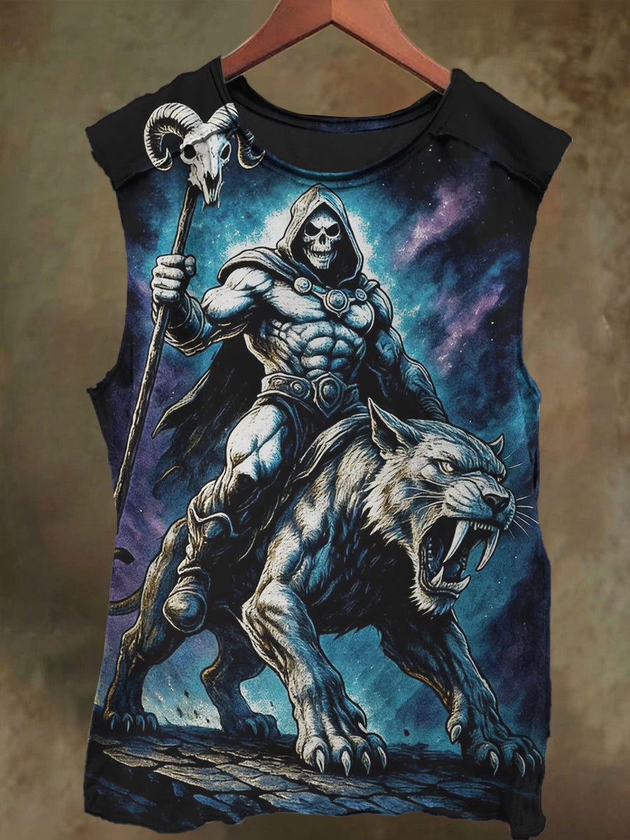 Unisex wolf and skull print casual cotton tank top