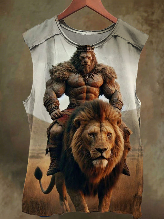 Unisex Warrior and Lion Print Casual Cotton Tank Top