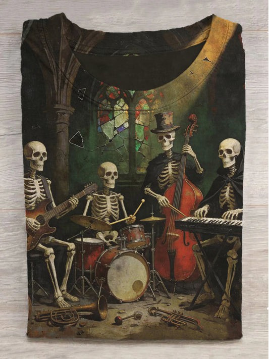 Gothic Skull Orchestra Print Round Neck Short Sleeve T-Shirt