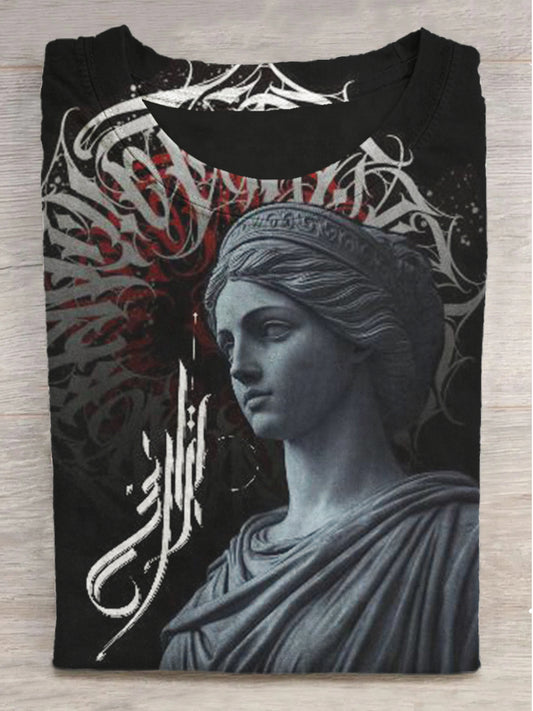 Goddess Stone Sculpture Rune Print Round Neck Short Sleeve T-Shirt