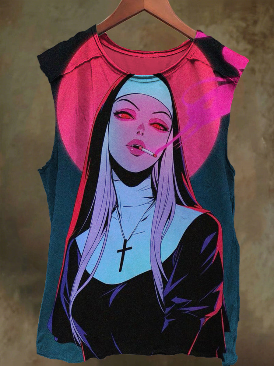 Unisex Nun's Smoke Graffiti Print Casual Cotton Tank Top