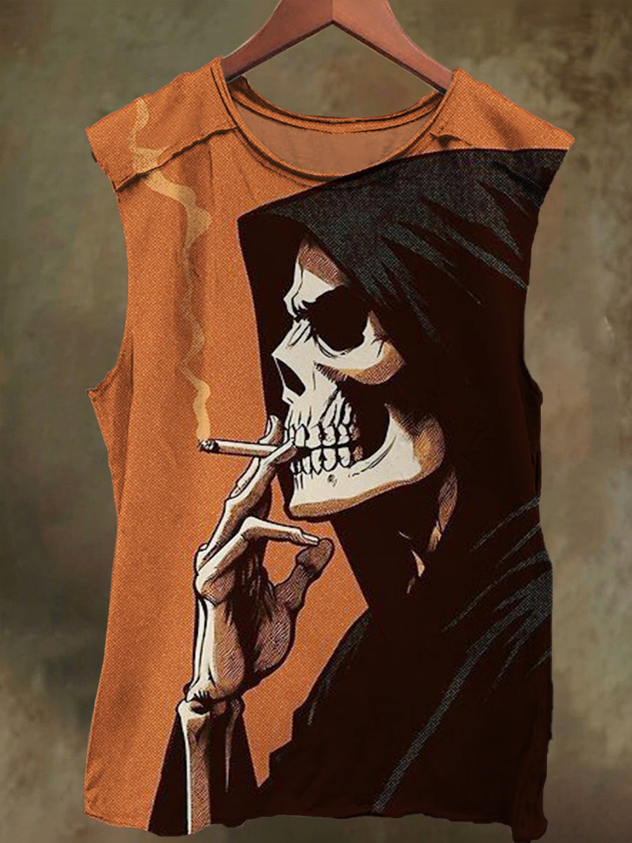 Unisex Smoking Skull Print Casual Cotton Tank Top