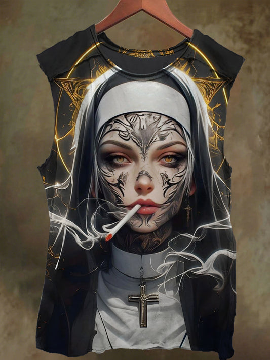 Unisex Dark Smoking Nun Print Casual Cotton Tank Top
