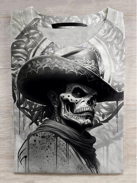 Hat Cowboy Skull Print Round Neck Short Sleeve T-Shirt