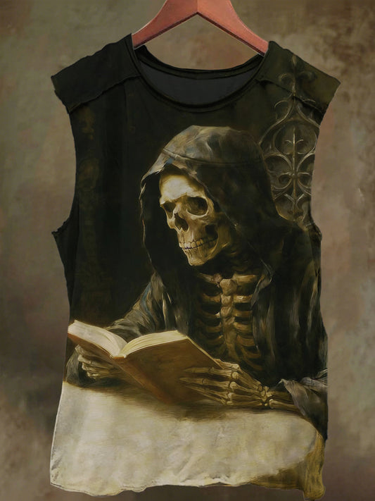 Unisex Reading Skull Print Casual Cotton Tank Top