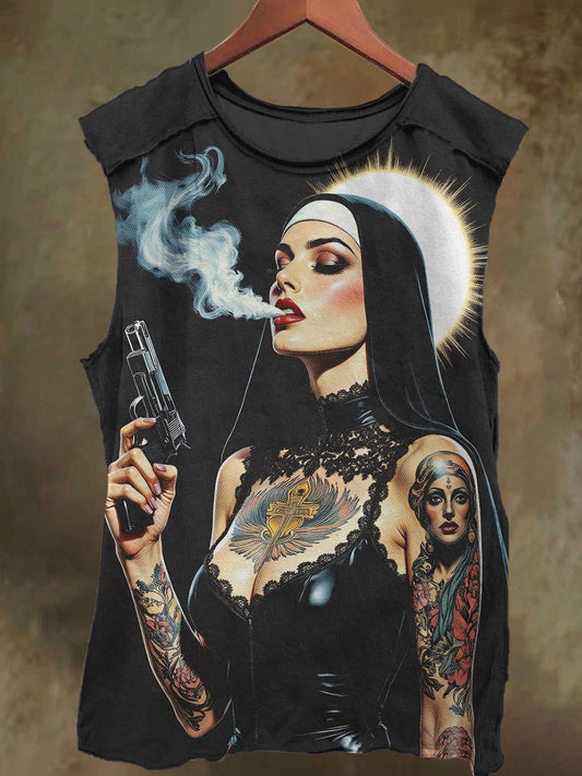 Unisex Nun's Smoke and Gun Print Casual Cotton Tank Top