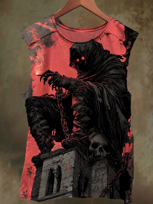 Unisex Gothic Skull Chain Print Casual Cotton Tank Top