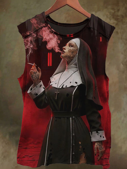 Unisex Gothic Nun Print Casual Cotton Tank Top