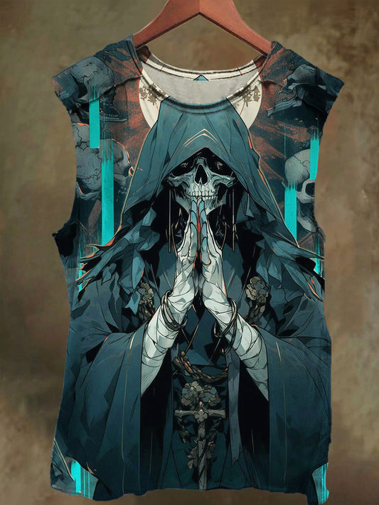 Unisex Sci-Fi Skull Prayer Print Casual Cotton Tank Top