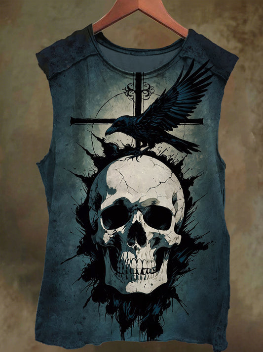 Unisex Skull Cross Raven Print Casual Cotton Tank Top