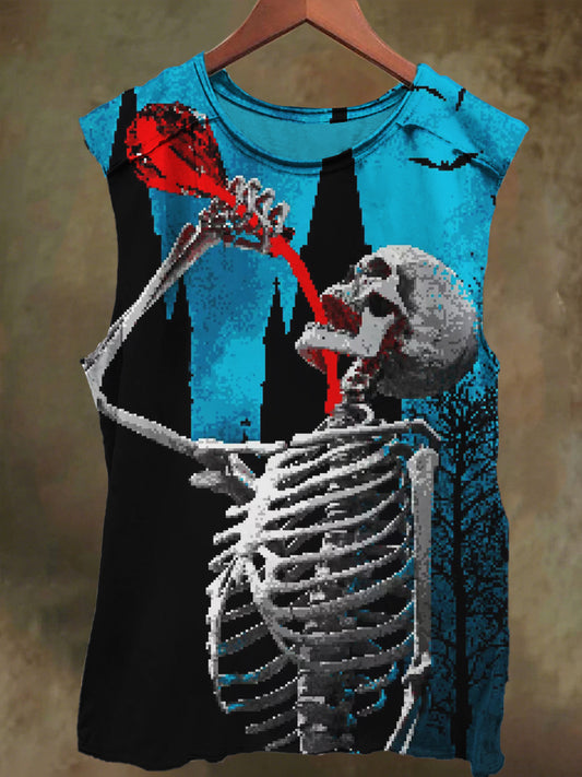 Unisex Skull Red Wine Print Casual Cotton Tank Top