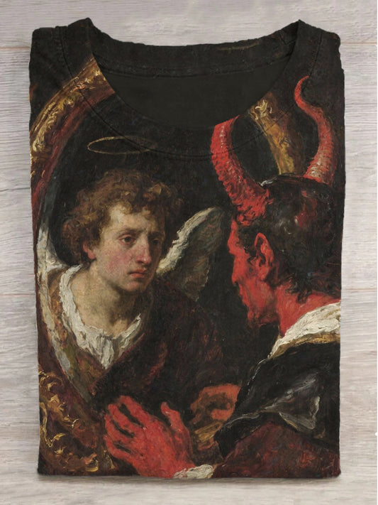 Angel Devil Print Round Neck Short Sleeve T-Shirt