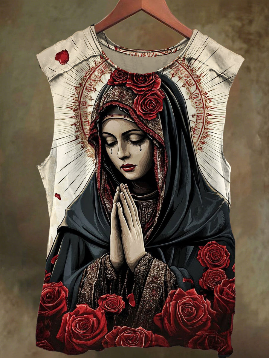 Unisex Rose Virgin Mary Print Casual Cotton Tank Top