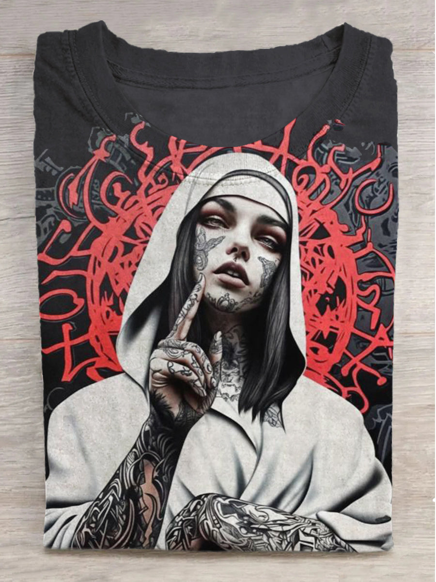 Rune Gothic Nun Print Round Neck Short Sleeve T-Shirt