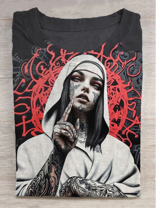 Rune Gothic Nun Print Round Neck Short Sleeve T-Shirt